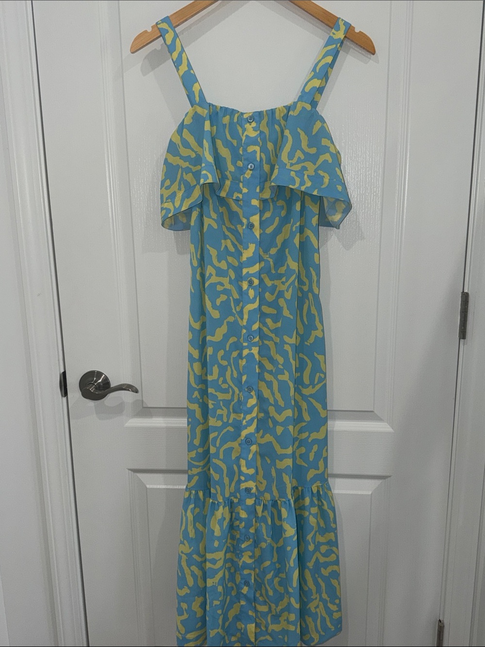 Derek Lam 10 Crosby blue and yellow scribble print ruffle midi dress size 38 6/8